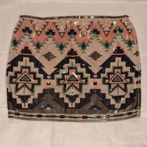 Express Sequin Mini Skirt XS Tan Geometric Boho Southwestern Festival Aztec